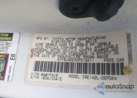 2013 Toyota Corolla L z USA, uszkodzony, nr VIN 5YFBU4EEXDP218211